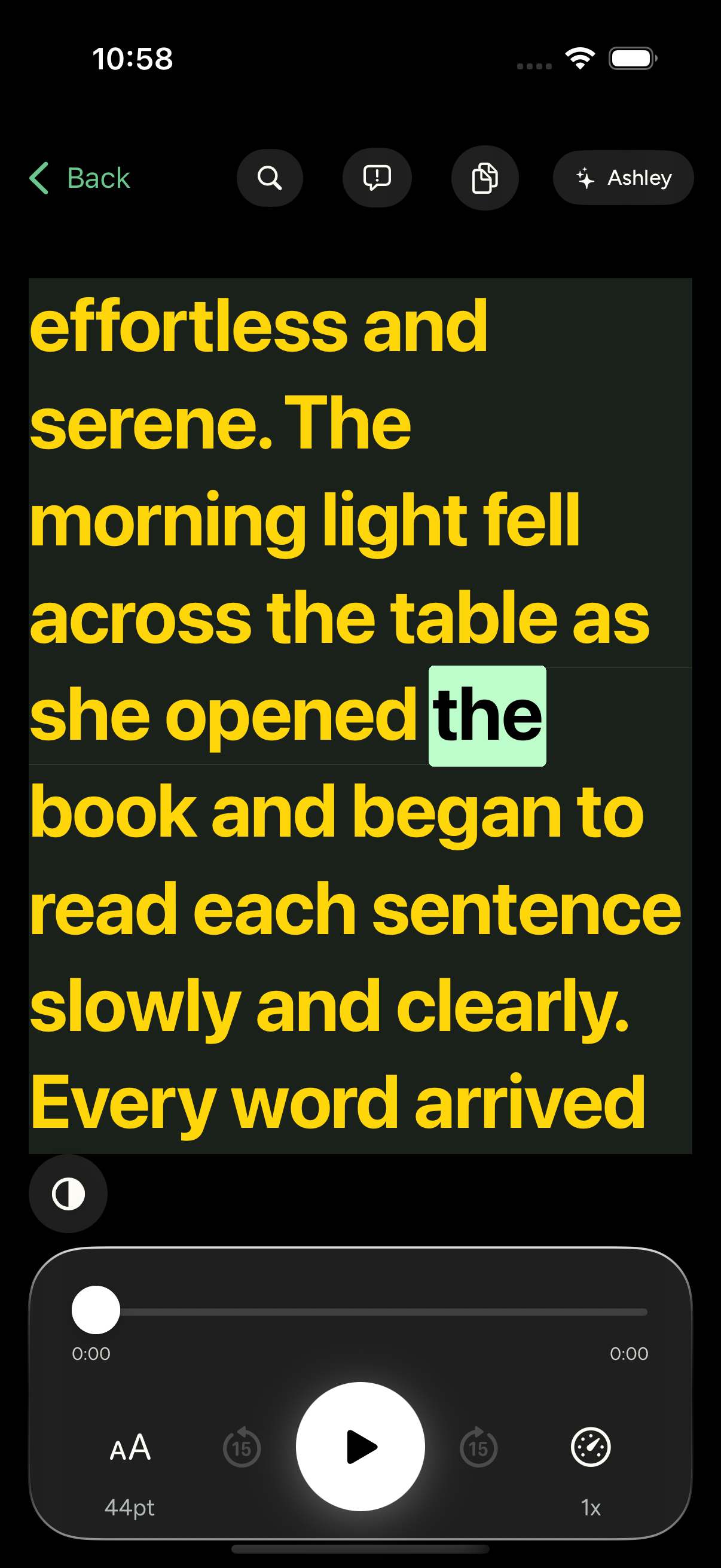 ReadAloud+ reader in the Yellow on Black color mode
