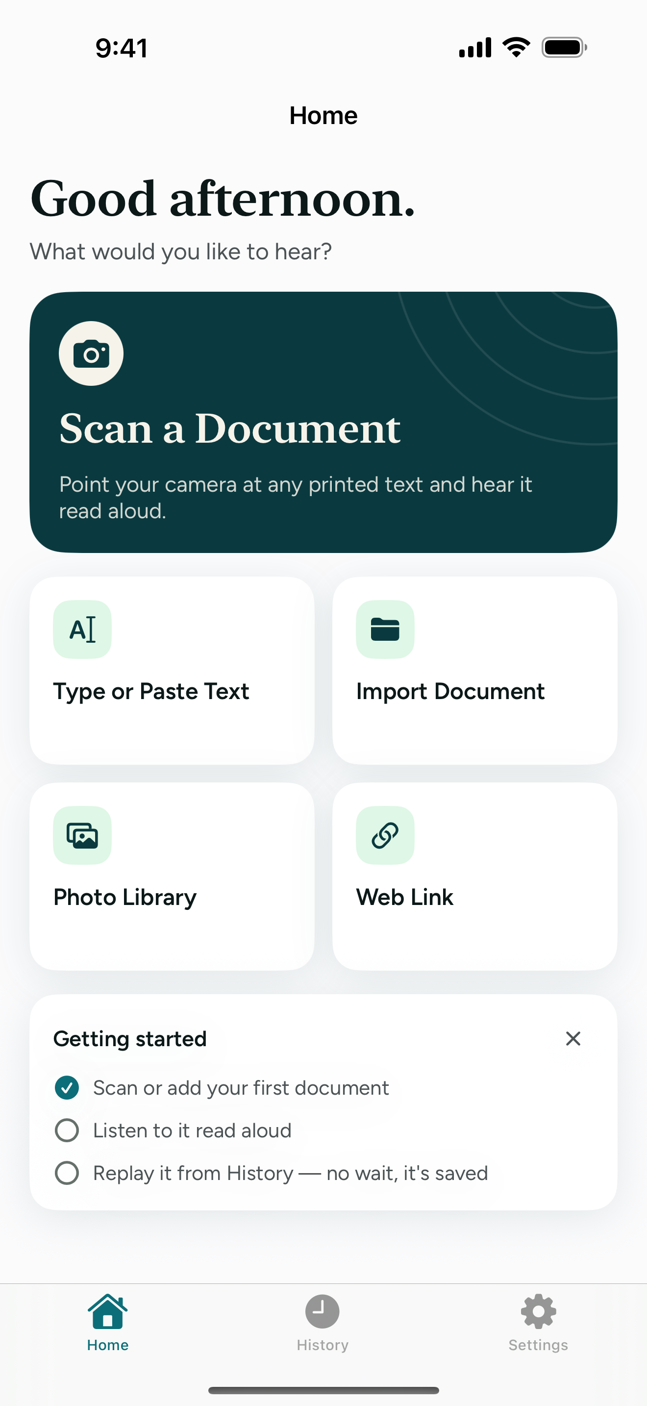 ReadAloud+ Home tab with Scan a Document, Type or Paste Text, Import Document, Photo Library, and Web Link