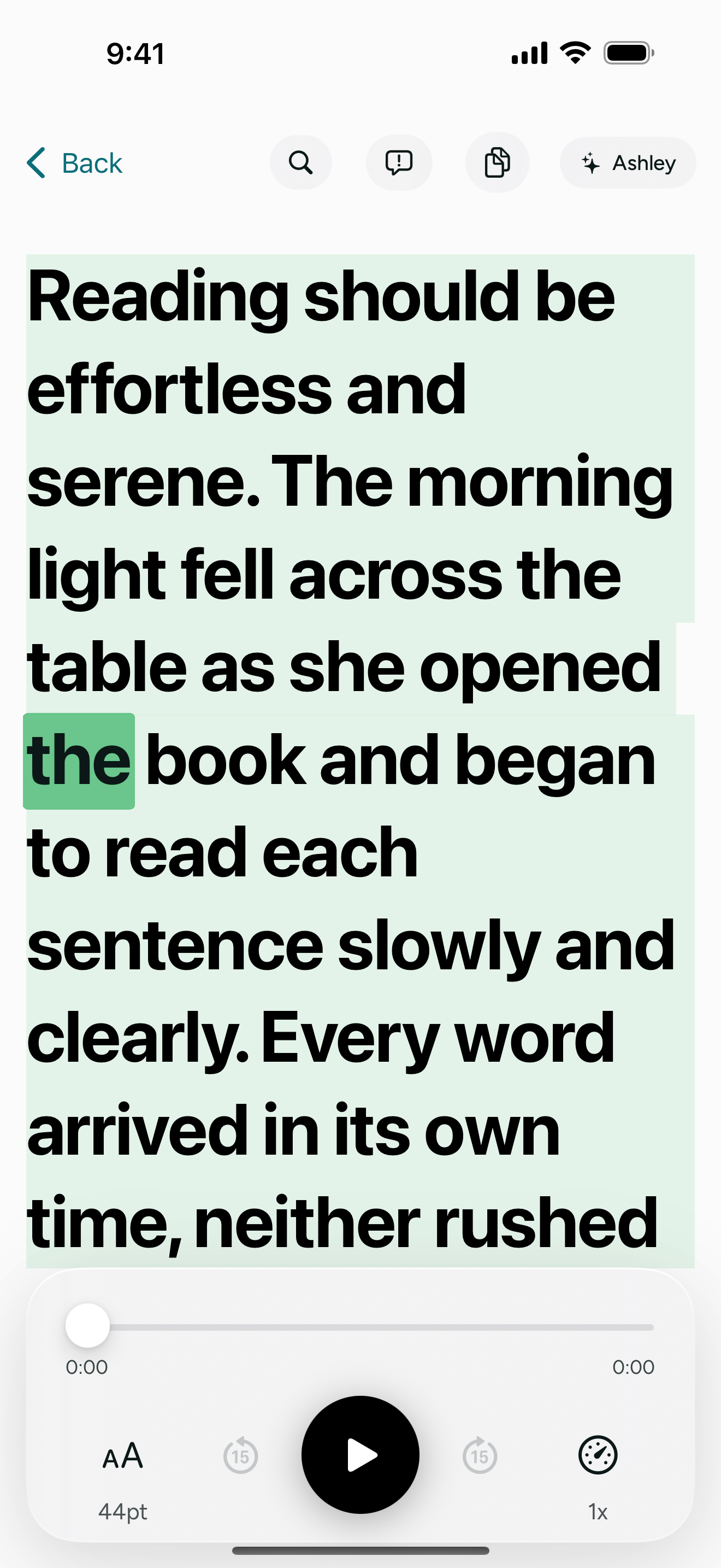 ReadAloud+ reading view showing large, high-contrast text with the spoken word highlighted and the playback controls