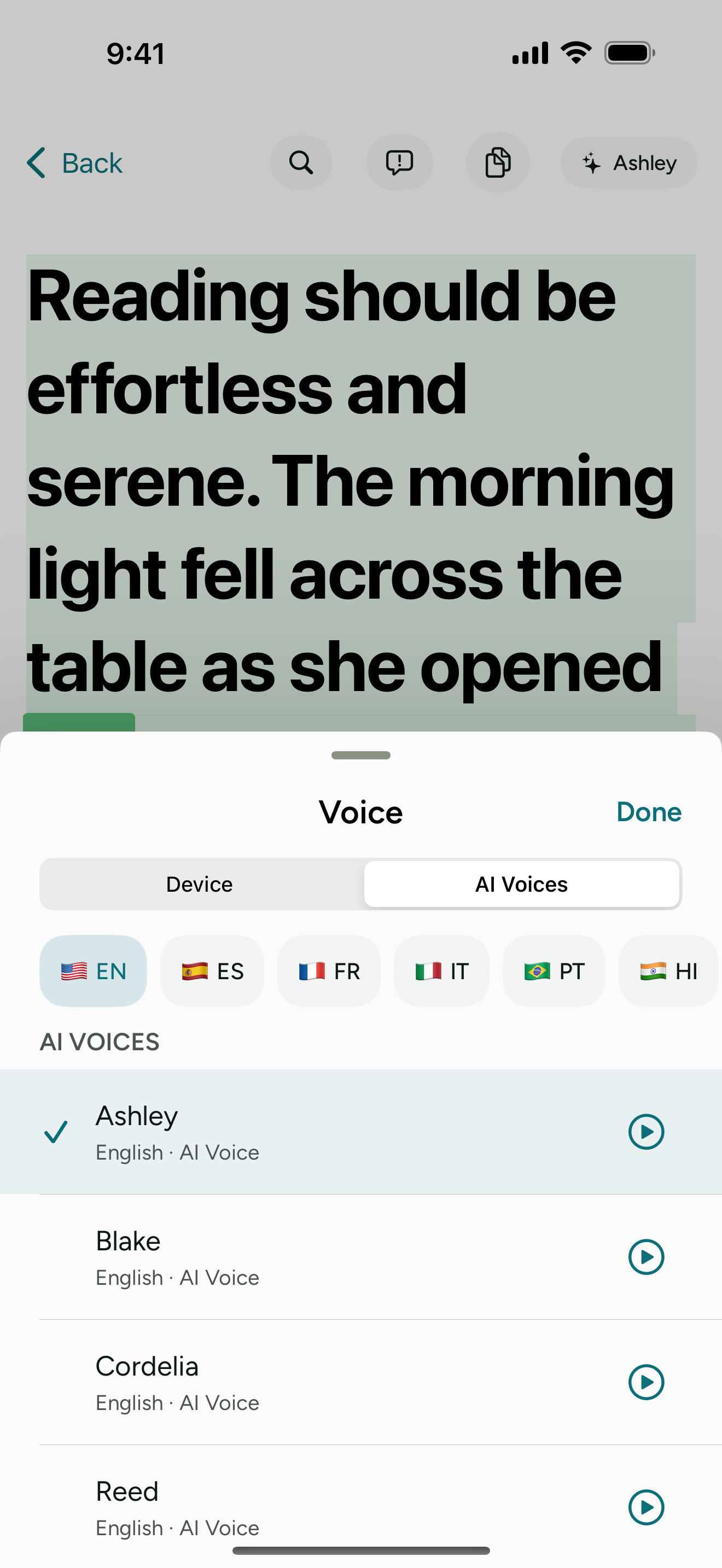 ReadAloud+ voice picker showing AI voices grouped by language, with a preview button on each