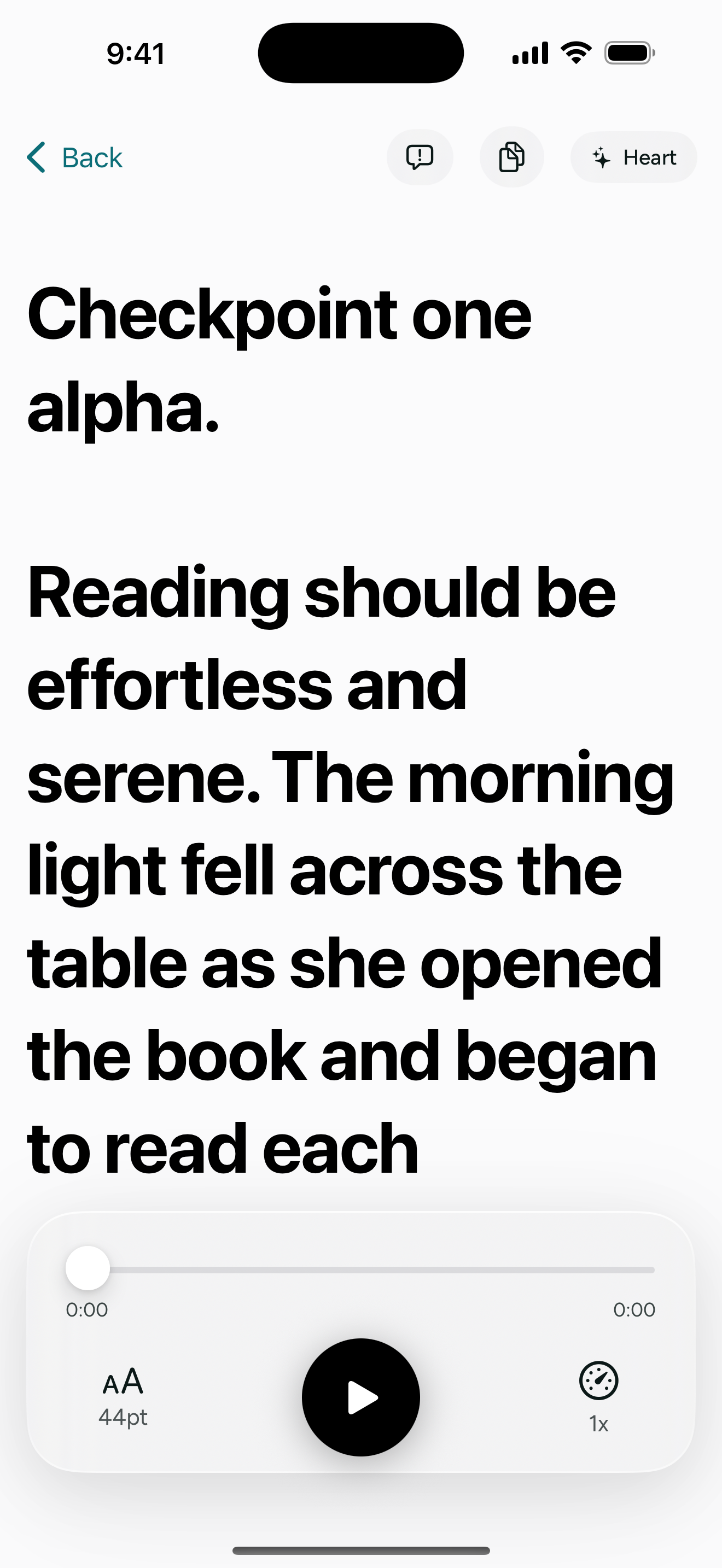 ReadAloud+ reading view showing large, high-contrast text and the playback controls