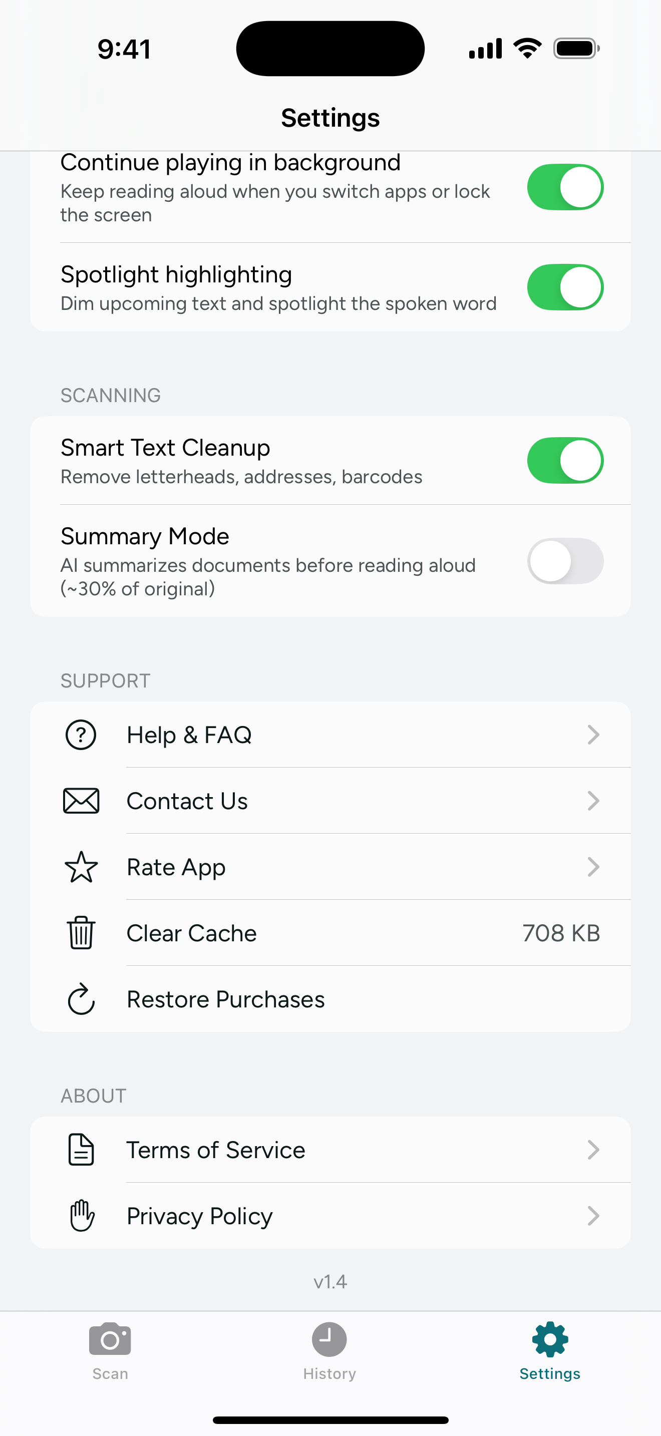 ReadAloud+ settings showing Smart Text Cleanup and Summary mode toggles