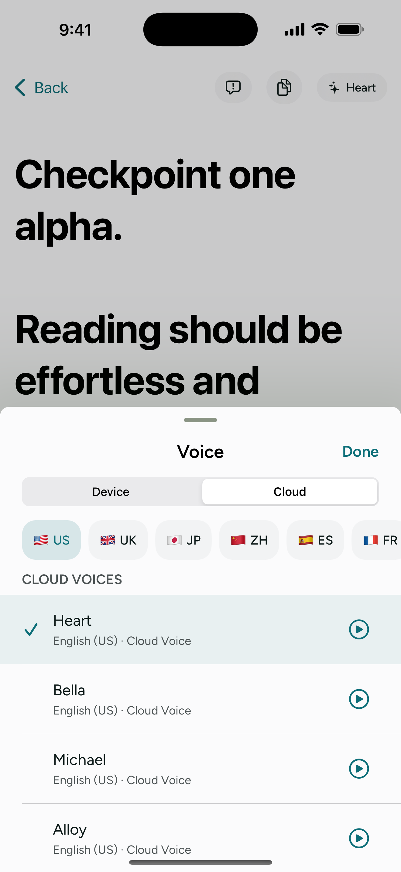 ReadAloud+ voice picker showing cloud voices across multiple languages